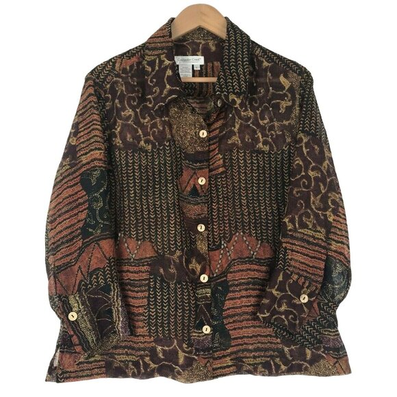 Coldwater Creek L Tribal Print Button Down Shirt Tribal Print Long Sleeve Beaded - Picture 1 of 11